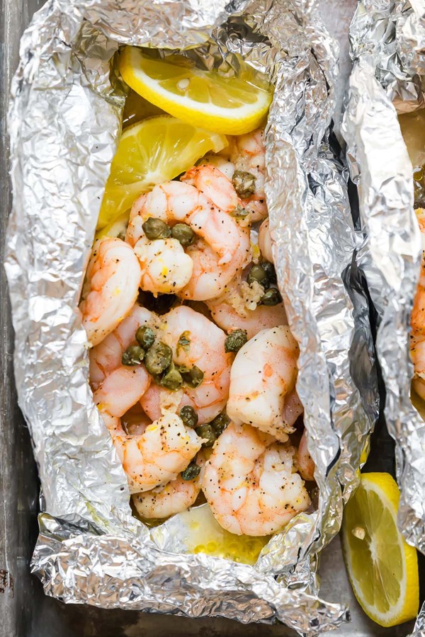 Shrimp piccata foil packets
