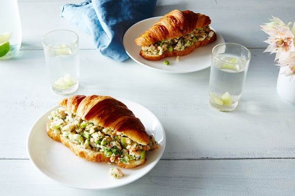 Shrimp salad on a croissant with white bean "mayo"