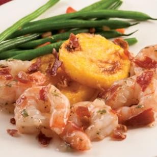 Shrimp saltimbocca with polenta