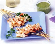 Shrimp satés with spiced pistachio chutney