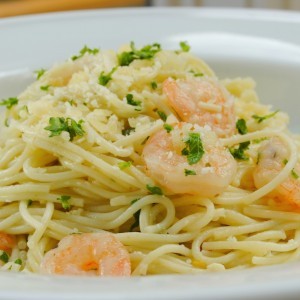 Shrimp scampi over angel hair pasta