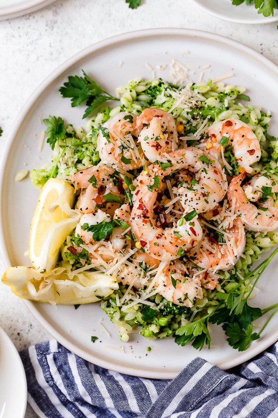 Shrimp scampi with broccoli orzo