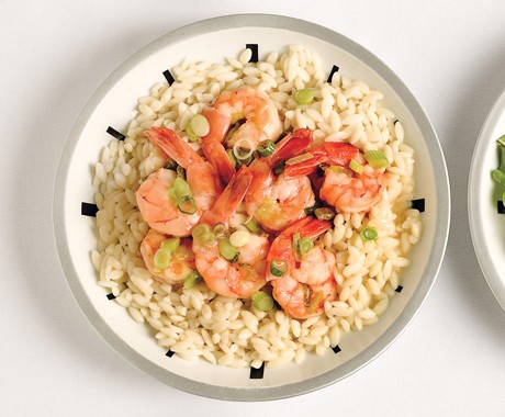 Shrimp scampi with green onions and orzo
