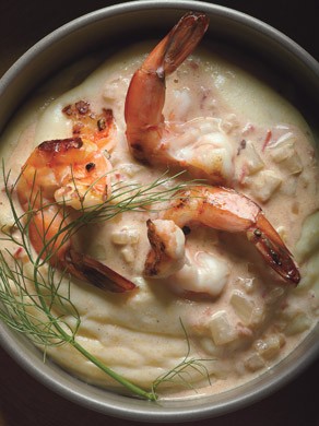 Shrimp scampi with quick-preserved lemon and fennel on polenta