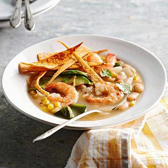 Shrimp soup with chili tortilla strips