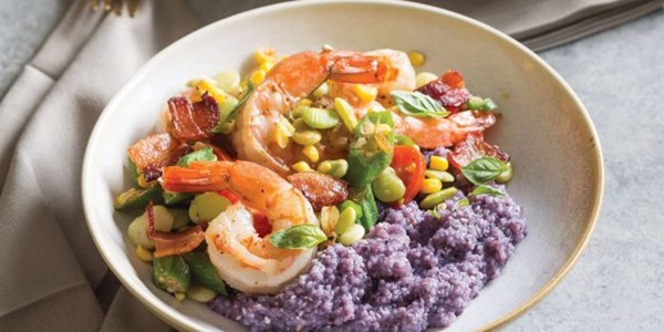 Shrimp succotash and blue corn grits