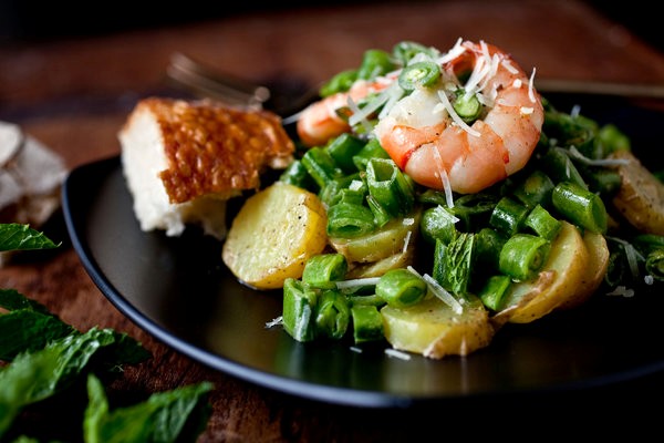 Shrimp, sugar-snap pea and potato salad with mint and pecorino 