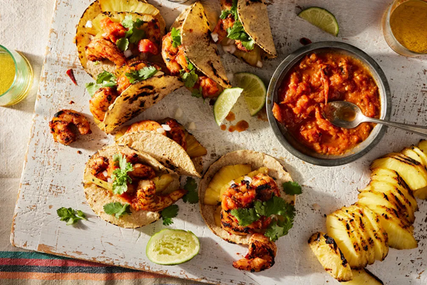 Shrimp tacos dorados, al pastor-style
