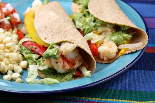 Shrimp tacos with avocado-chimichurri sauce