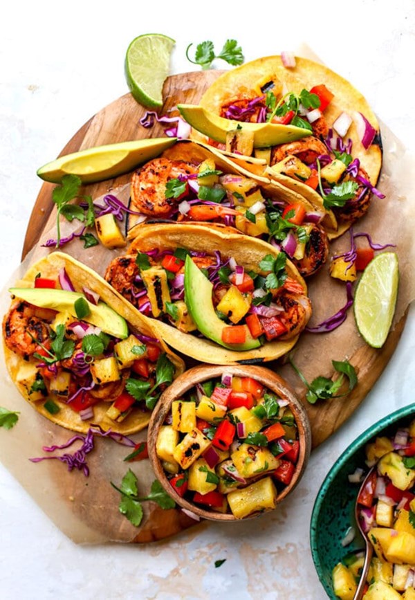 Shrimp tacos with grilled pineapple salsa