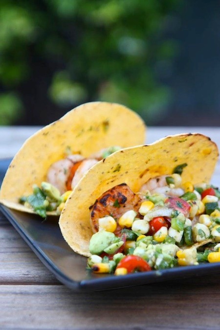 Shrimp tacos with grilled poblano salsa
