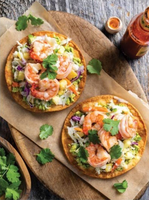 Shrimp tostadas with coconut and pineapple slaw