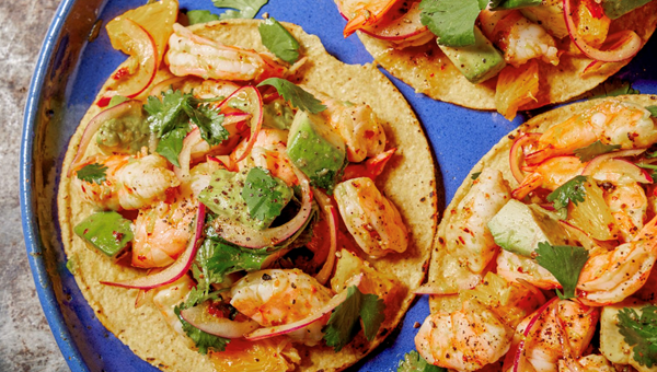 Shrimp tostadas with orange and avocado