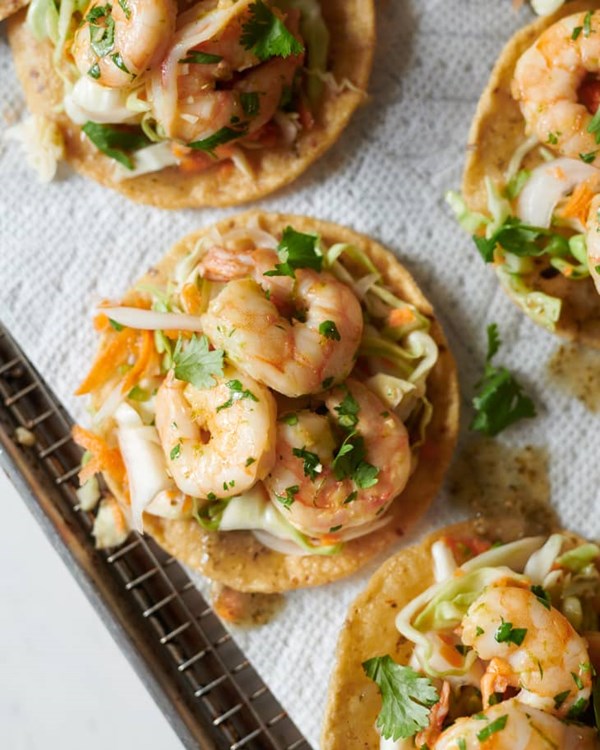 Shrimp tostadas with quick curtido and salsa verde