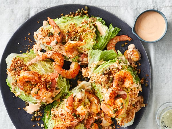Shrimp wedge salad with Old Bay breadcrumbs and hot sauce dressing