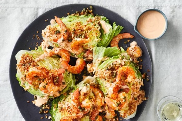 Shrimp wedge salad with Old Bay breadcrumbs and hot sauce dressing