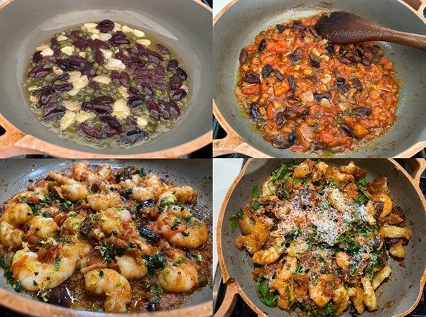 Shrimp with capers, olives and tomatoes 