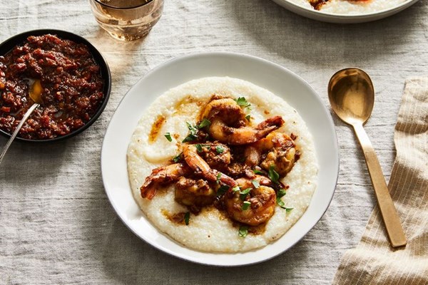 Shrimp with coconut milk grits & XO sauce
