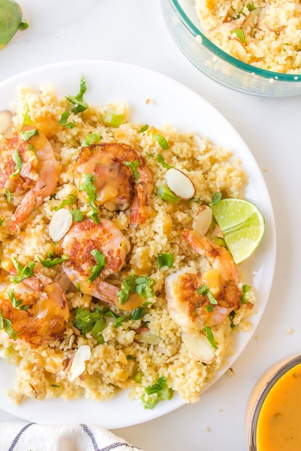 Shrimp with couscous and ginger orange sauce