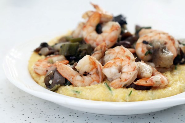 Shrimp with okra and fairytale eggplant