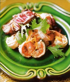 Shrimp with orange, shallots, and grilled radicchio
