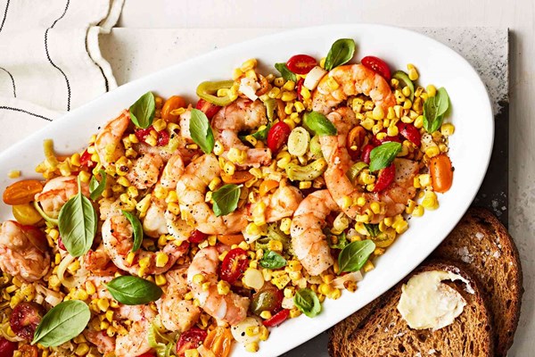 Shrimp with roasted corn, leeks, tomatoes, and basil