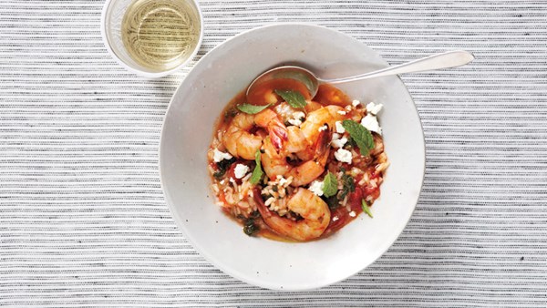 Shrimp with tomatoes, spinach, and rice