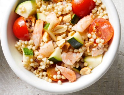 Shrimp, zucchini & tomato sorghum salad
