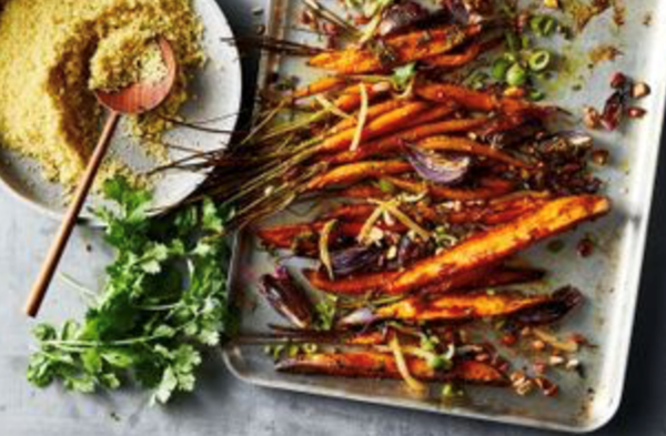 Shuki and Louisa's chermoula carrot, sweet potato, red onion, green olives and almonds on couscous