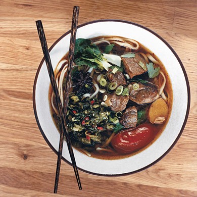 Sichuan beef noodle soup with pickled mustard greens