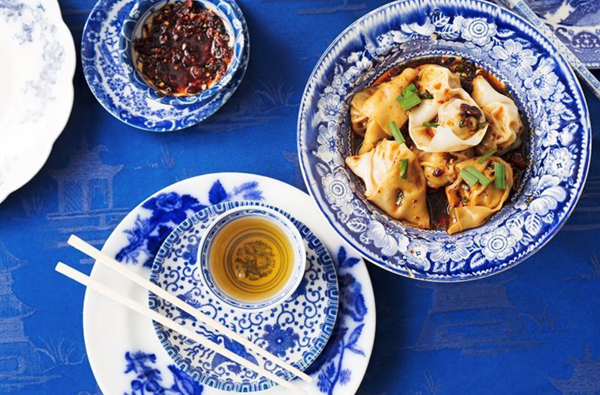 Sichuan pork dumplings with cucumber and radish pickle