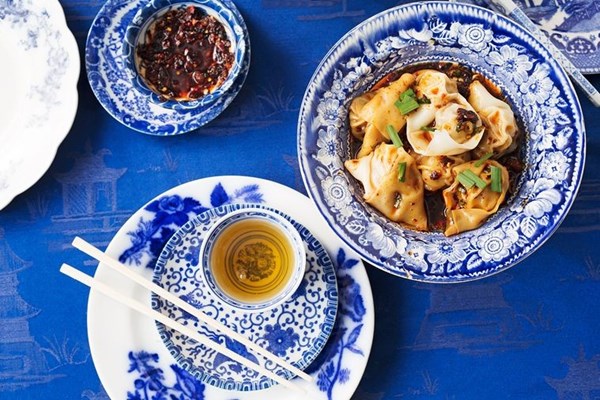 Sichuan pork dumplings with garlic chives and chilli oil