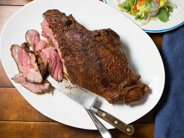 Sichuan roast leg of lamb with celery-mint salad