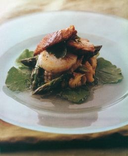 Sichuan-spiced duck and seared scallops with smoked eggplant, asparagus and rocket salad