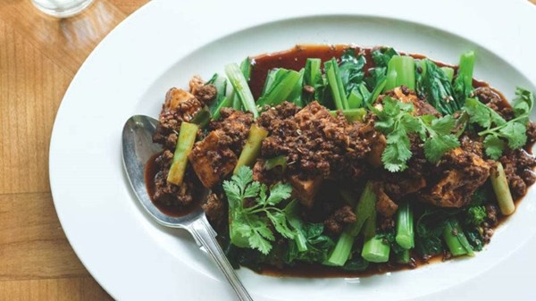 Sichuan-style minced beef and tofu with Chinese greens
