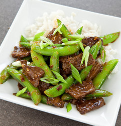 Sichuan-style orange beef with sugar snap peas