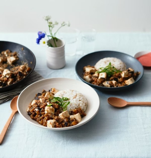 Sichuan tofu & aubergine rice bowls (Mapo tofu don)