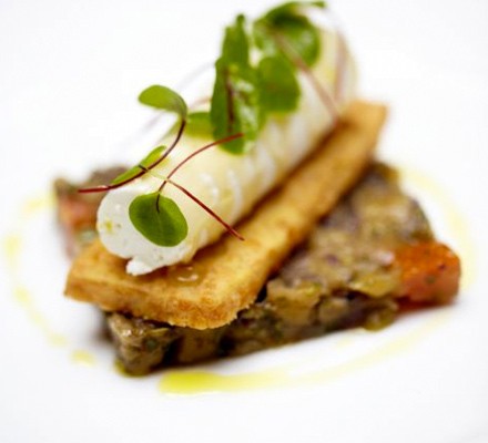 Sicilian aubergine and fig caponata with goat's cheese, Parmesan biscuit and lavender honey