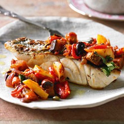 Sicilian fish with potato, eggplant and tomato relish