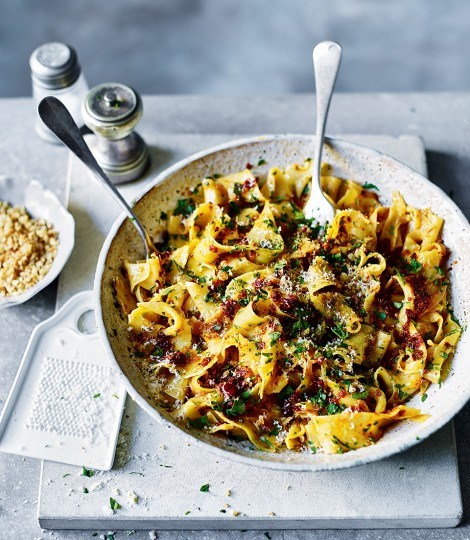 Sicilian lemon pappardelle with 'nduja and crunchy breadcrumbs