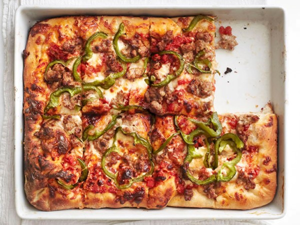 Sicilian pizza with sausage and peppers