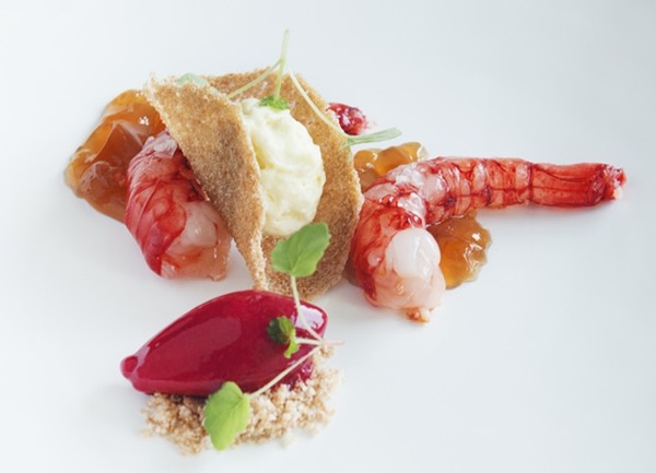 Sicilian raw and cooked red prawns, crispy amaranth, Taggiasca olive oil and beetroot sorbet