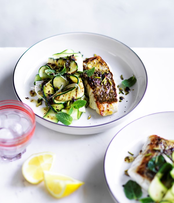 Sicilian snapper with zucchini, mint and pistachio nuts