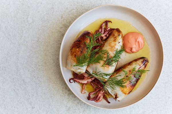 Sicilian-stuffed squid with tomato alioli
