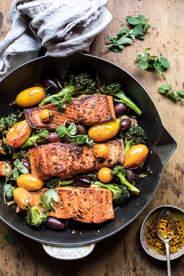 Sicilian style salmon with garlic broccoli and tomatoes