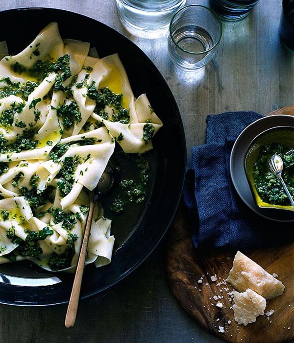 Silk handkerchiefs with green olive and herb sauce