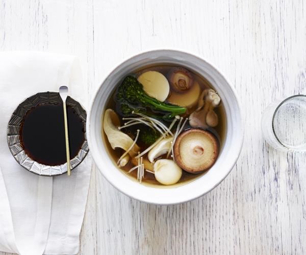 Silken tofu in dashi broth with mushrooms & broccolini
