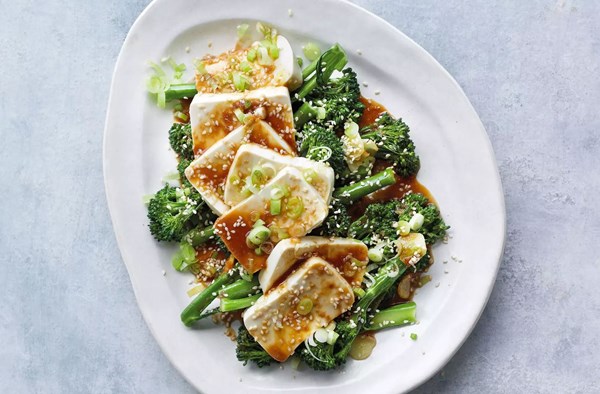 Silken tofu with broccoli & soy-miso dressing