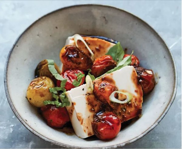 Silken tofu with soy-sauced tomatoes