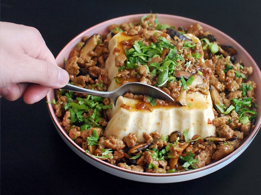 Silken tofu with spicy sausage